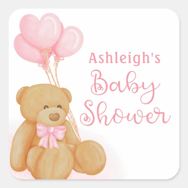 Babydusche Niedlich Teddy Bear Pink Herzblasen Quadratischer Aufkleber (Vorderseite)