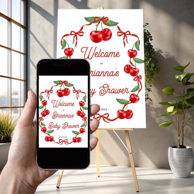 Babydusche oben auf dem Band Begrüßungsschild Poster (Cherry on top red ribbon coquette cherry baby shower welcome sign poster template instant download)