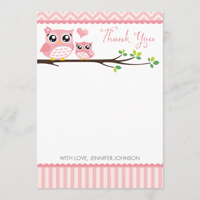 Babydusche Owl Danke Karte | Rosa Zickzack Mädchen (Vorderseite)