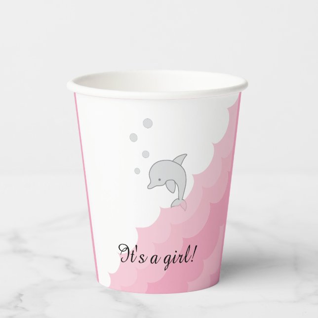 Babydusche Papiertüten "Dolphin Pink" 8 oz. Pappbecher (Vorderseite)