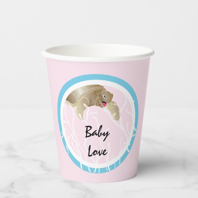 Babydusche Papiertüten "Turtle Pink/Blue" 8 oz. Pappbecher (Vorderseite)