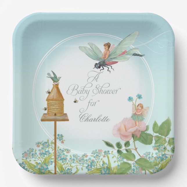 Babydusche Party Dekoration Girl Fairy Garden Bees Pappteller (Vorderseite)