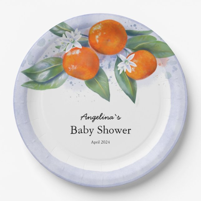 Babydusche Party mit Mandarine Pappteller (Vorderseite)