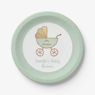 Babydusche Pastel Mint Green Retro Carriage Pappteller