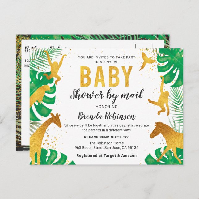 Babydusche per Mail Boy Gold Jungle Animals Safari Postkarte (Vorne/Hinten)