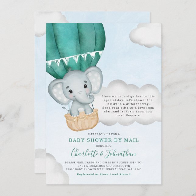 Babydusche per Mail Elefant Aquamarin Einladung (Vorne/Hinten)
