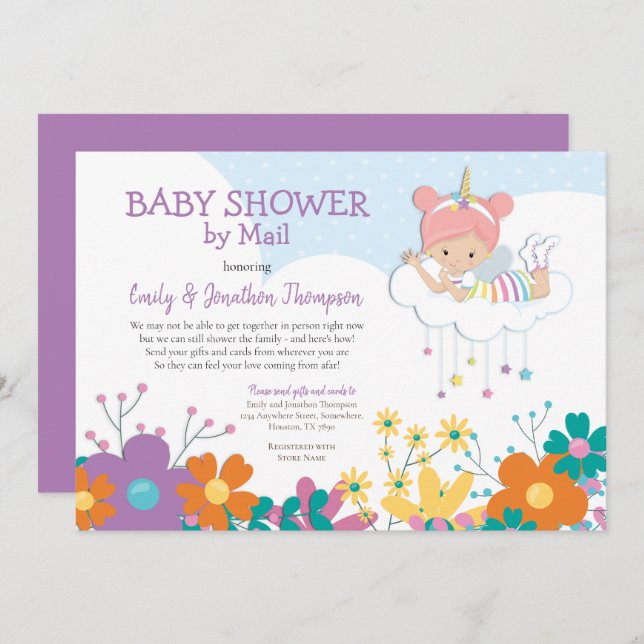 Babydusche per Mail Unicorn Fairy Florals Einladung (Vorne/Hinten)