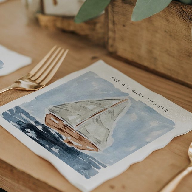 Babydusche Personalisiert Serviette (Blue nautical watercolor sailboat modern baby shower personalized napkins.)
