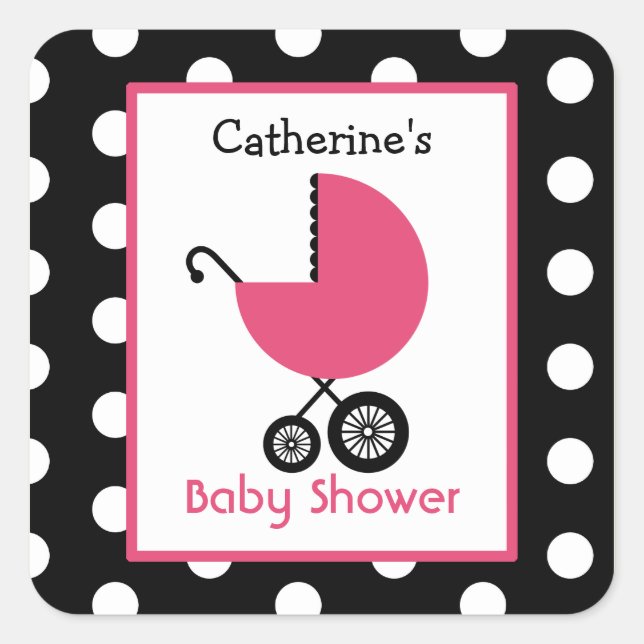 Babydusche Pink Carriage & Polka Dots Quadratischer Aufkleber (Vorderseite)