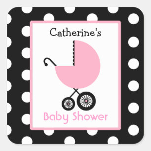 Babydusche Pink Carriage & Polka Dots Quadratischer Aufkleber
