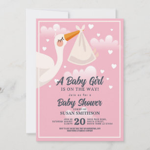 Babydusche Pink Girl Stork Clouds Einladung