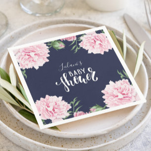 Babydusche Pink Peony Floral Navy Blau Serviette