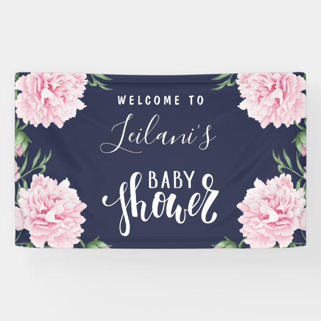 Babydusche Pink Peony Navy Blauer Empfang Banner (Horizontal)