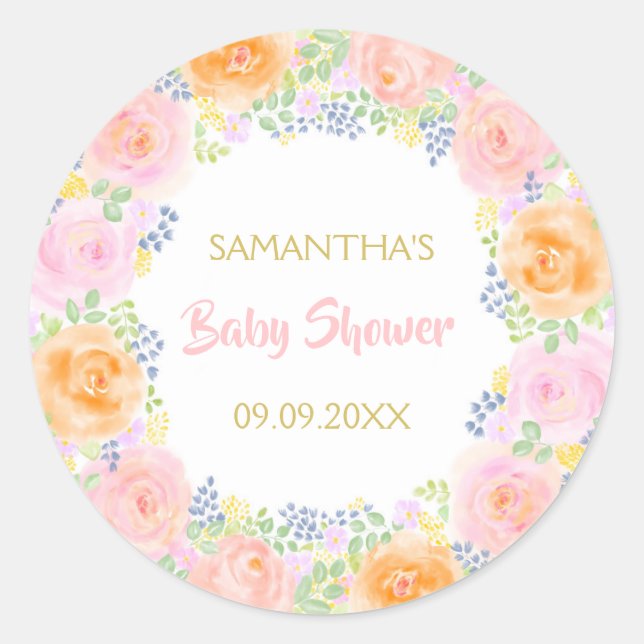 Babydusche Pink Roses Aquarell Floral Girly Runder Aufkleber (Vorderseite)