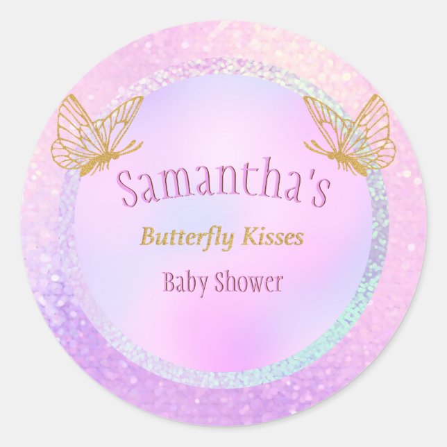 Babydusche Pink und Gold Whimsical Butterfly Runder Aufkleber (Vorderseite)