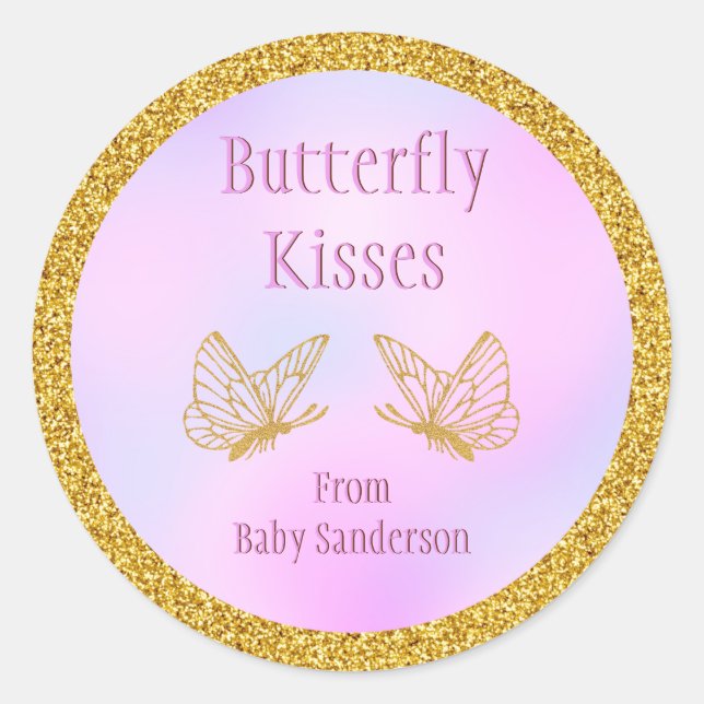 Babydusche Pink und Gold Whimsical Butterfly Runder Aufkleber (Vorderseite)