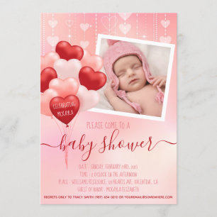 Babydusche Pink Valentine Hearts Balloons Foto Einladung