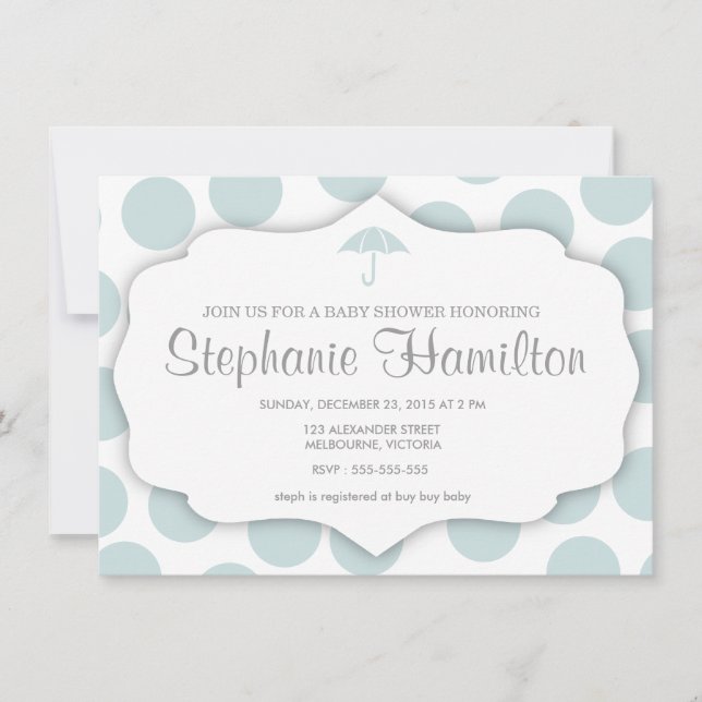 Babydusche Polka Punkte Regenschirm blau Einladung (Vorderseite)
