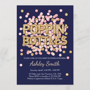 Babydusche Poppin Flaschen Confetti Navy Rosa Einladung