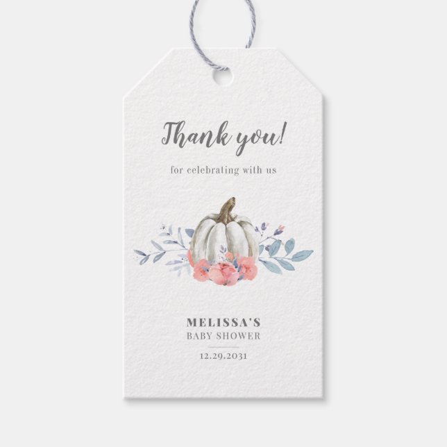 Babydusche Pumpkin Wasserfarbe Rosa Rosen Floral Geschenkanhänger (Vorderseite)