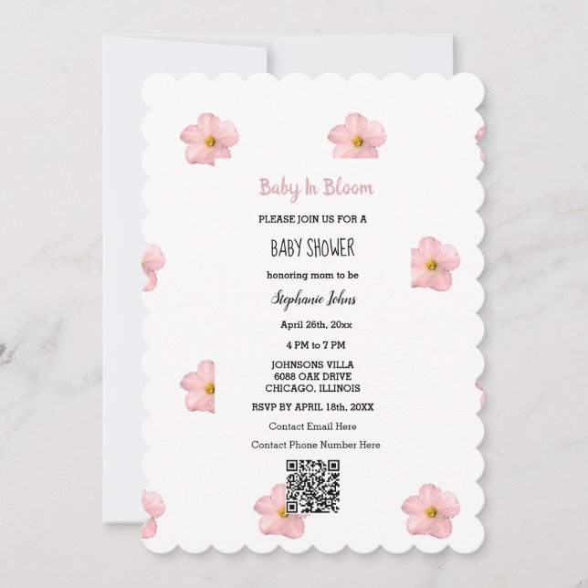 Babydusche QR Code Rosa Blumenbaby in Bloom Niedli Einladung (Vorderseite)