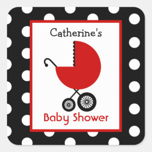 Babydusche Red Carriage & Polka Dots Quadratischer Aufkleber