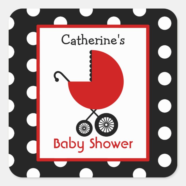 Babydusche Red Carriage & Polka Dots Quadratischer Aufkleber (Vorderseite)