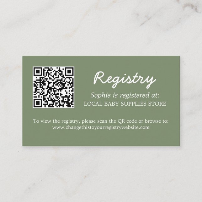 Babydusche Registrierung QR Code Sage Green Begleitkarte (Vorderseite)