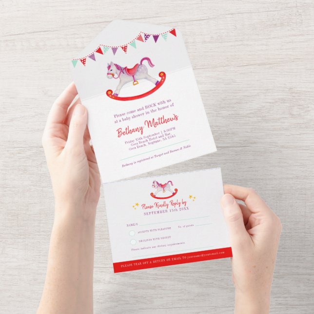 Babydusche Rock-Hobby Pferd niedliche Aquarellfarb All In One Einladung (Abreißen)