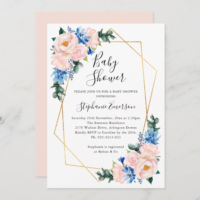 Babydusche Rosa Blau Blütenblume Einladung (Vorne/Hinten)