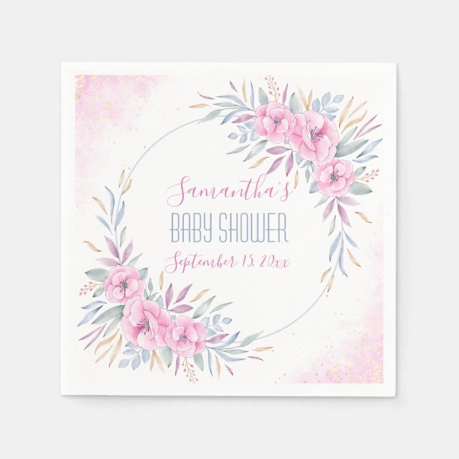 Babydusche Rosa Blume Wasserfarbe Elegante Einrich Serviette (Vorderseite)