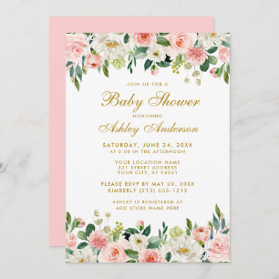 Babydusche Rosa Blütenblau Weiß Gold Einladung GP