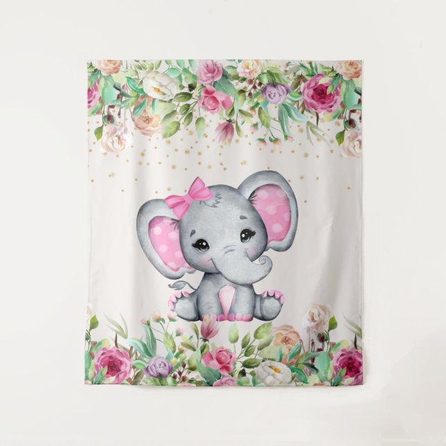 Babydusche Rosa Blütenlephant Babydusche Wandteppich (Vorderseite)