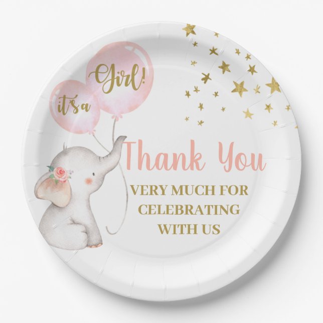 Babydusche Rosa Elephant Paper Plate Pappteller (Vorderseite)
