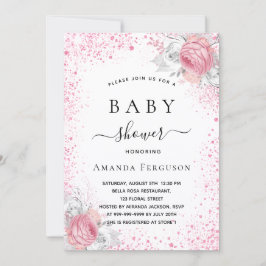 Babydusche Rosa Glitzer Blumenmädchen Einladung
