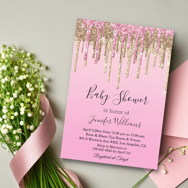 Babydusche Rosa Goldtropfen Glitzer Einladung (Von Creator hochgeladen)