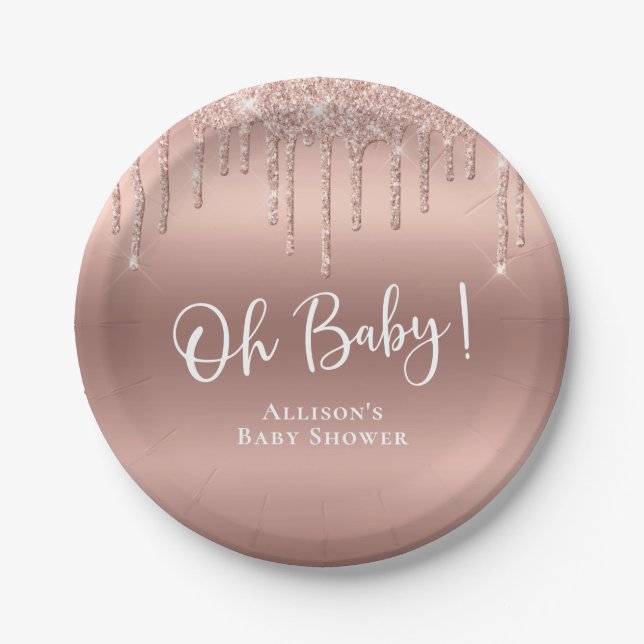 Babydusche Rose Gold Glitzer Personalisiert Pappteller (Vorderseite)