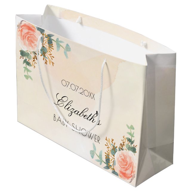 Babydusche Rose Goldblume Eukalyptus Große Geschenktüte (Rückseite Schrägansicht)