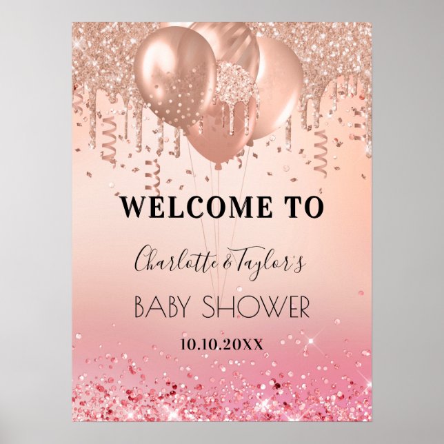 Babydusche, rot Rose Gold Glitzer Empfang Poster (Vorne)