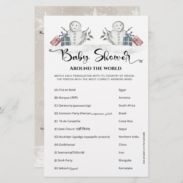 Babydusche rund um die Welt Snowman Baby-Dusche (Vorne/Hinten)