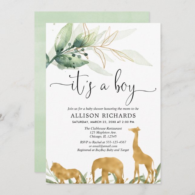 Babydusche, Safari-Dschungel Goldtiere Einladung (Vorne/Hinten)