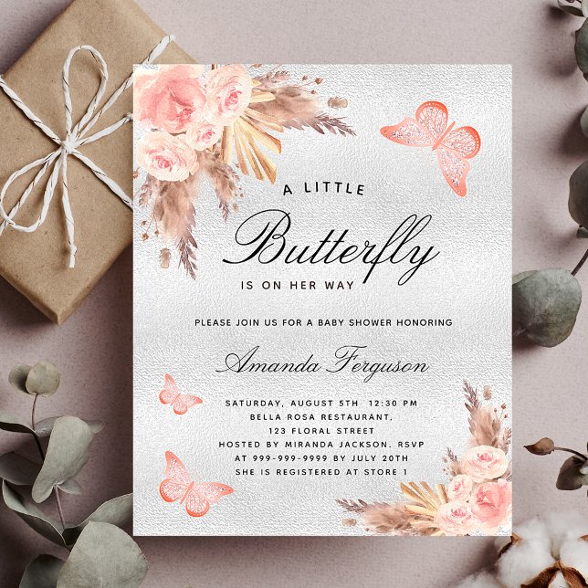 Babydusche Schmetterling Blush Pampen Silber Budge Flyer (Von Creator hochgeladen)