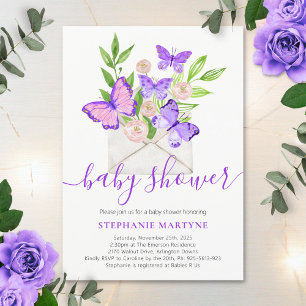 Babydusche Schmetterling Lila florale Umschlag Einladung