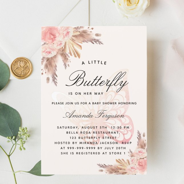 Babydusche Schmetterling Rosa Pampasgras Einladung (Von Creator hochgeladen)