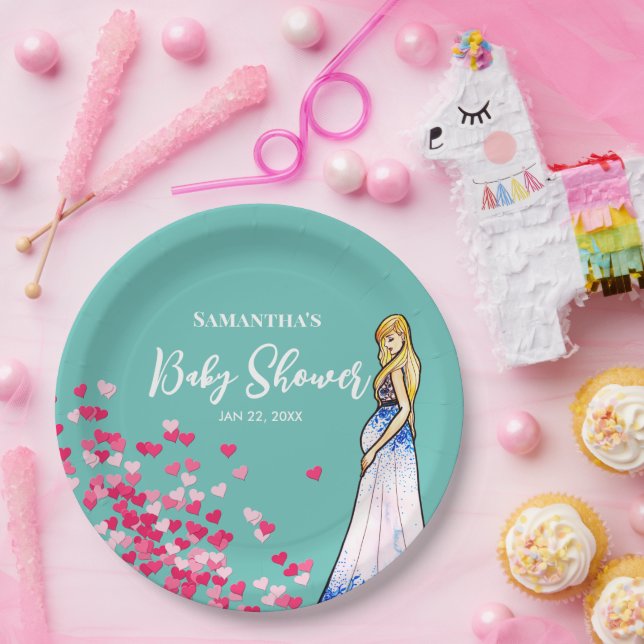 Babydusche Schwangere Lady in langen Kleiderherzen Pappteller (Party)