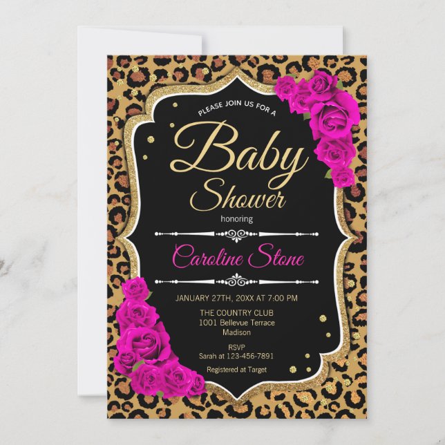 Babydusche - Schwarz-Rosa-Gold-Leopard-Printwerbun Einladung (Vorderseite)