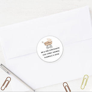 Babydusche Sepia Vintag Toy Buggy Adresse Runder Aufkleber