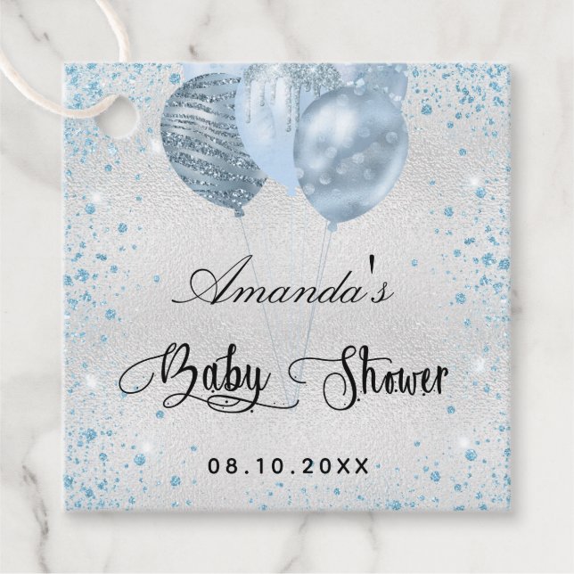 Babydusche Silberblauer Glitzer Ballons dank Geschenkanhänger (Vorderseite)