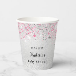Babydusche silberrosa Glitzer Girl Monogramm Pappbecher