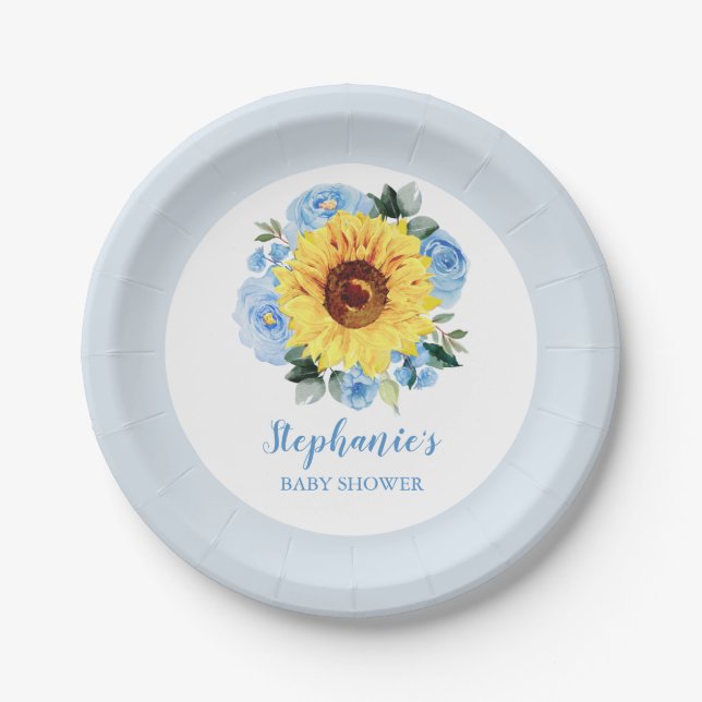 Babydusche Sonnenblume Dusty Blue Floral Pappteller (Vorderseite)